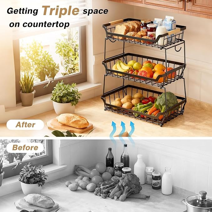 3 Tier Fruit Basket with 2 Banana Hangers for Kitchen Counter | 3-Tier Detachable Design,Metal Wire Construction, Wooden Handle, Large Capacity, Multi-Purpose Organizer,Mesh Basket