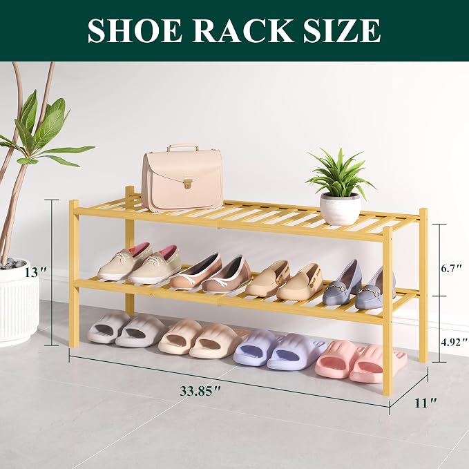 Smiry Bamboo Shoe Rack for Closet, 2 Tier Long Wooden Shoe Organizer, Stackable Wood Shoe Storage Shelf for Entryway, 14 Vertical Slats, One-piece Heavy-Duty Legs, 33.86"x11.02"x12.99", Natural