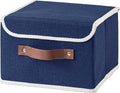 Collapsible Storage Boxes Baskets with Lid Cotton Linen Fabric Storage Bins with Faux Leather Handles Decorative Washable Cube Organizer Container for Home Closet Bedroom (Blue, Small Size)