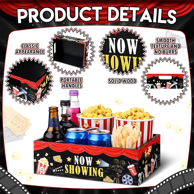 Movie Night Supplies Snack Trays with Handles Reusable Wooden Movie Gift Basket for Theater Popcorn Bucket Bowl Box Container Family Room Decor(Classic Style)