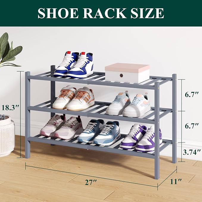 Smiry Bamboo Shoe Rack for Closet, 3 Tier Wooden Shoe Organizer, Stackable Wood Shoe Storage Shelf for Entryway, 14 Vertical Slats, One-piece Heavy-Duty Legs, 26.77"x11.02"x18.31", Grey