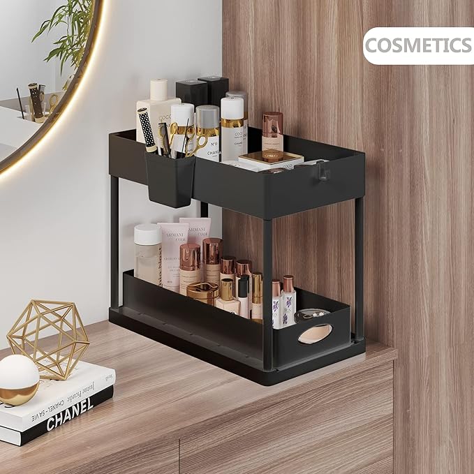 Under Sink Organizers and Storage, Bathroom Cabinet Organizer, Sink Shelf with Utility Hooks and Side Caddy for Under Cabinet Storage | Under Kitchen Sink Organizer with Sliding Drawer, Black (1-Pack)