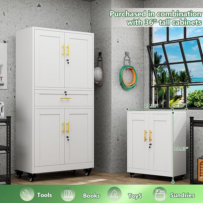 Metal Storage Cabinet with Wheels, 71" Tall Locking Storage Cabinet with 3 Adjustable Shelves, Locking Garage Cabinet, Steel Locker Organizer, for Office, Home, School, White