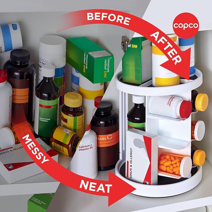 Copco 2-Tier Lazy Susan Turntable Organizer for Cabinet, Pantry, and Counter - Rotating Vitamin, Supplement, and Spice Storage with Nonslip Liner and Six Cradles