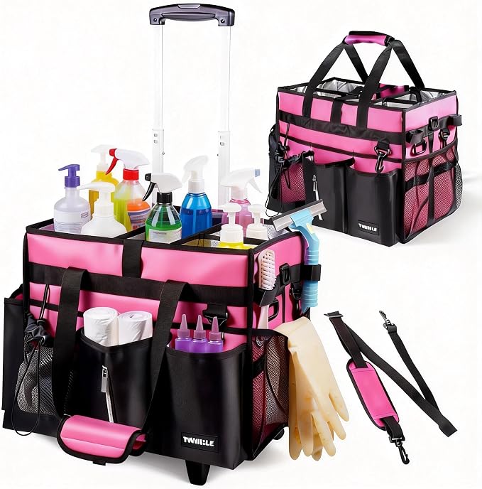 Cleaning Caddy with Wheels, Rolling Cleaning Supplies Organizer with Bottom Board, Dividers & Shoulder Strap, Portable Utility Tote with Small Trolley, Rose Pink