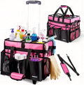 Cleaning Caddy with Wheels, Rolling Cleaning Supplies Organizer with Bottom Board, Dividers & Shoulder Strap, Portable Utility Tote with Small Trolley, Rose Pink