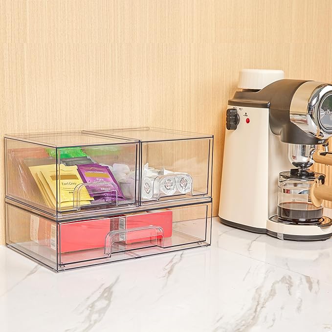 Vtopmart Stackable Storage Drawers Set of 6, Clear Plastic Organizer Bins for Bathroom Supplies, Ideal for Cabinet,Shelf, Pantry, Laundry Room Organization
