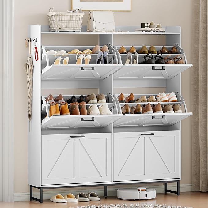Wodeer Shoe Cabinet Storage for Entryway, Shoe Storage Cabinet with 6 Flip Drawers, Freestanding Narrow Shoe Rack Organizer with Metal Legs, Adjustable Shelves & Open Storage for Foyer, Hallway, White
