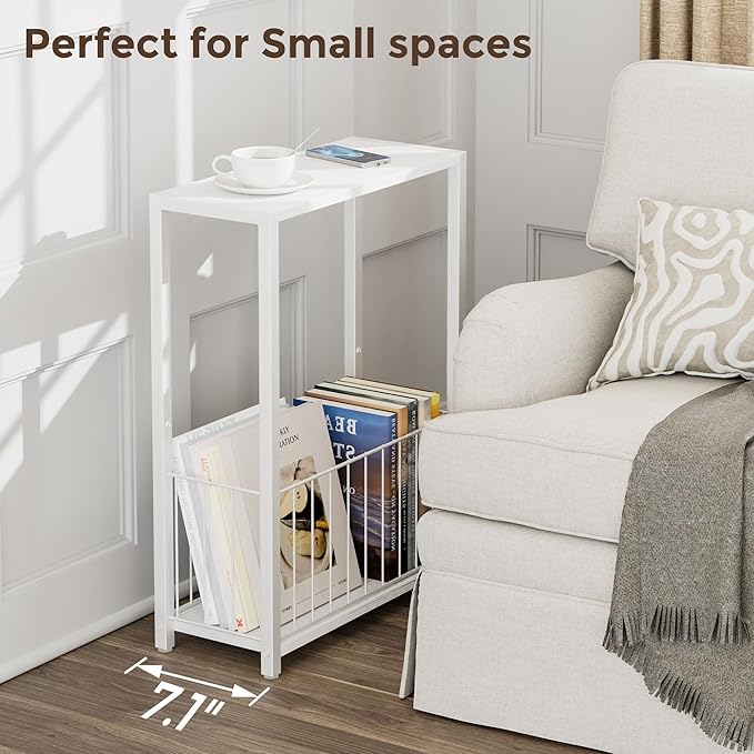 Homleke Narrow Side Tables Set of 2 with Magazine Holder, Skinny End Tables | Space-Saving Design, Small Spaces, Storage Shelf, Metal Frame, Easy Assembly, 7.1" D x 16.9" W x 23.6" H, White