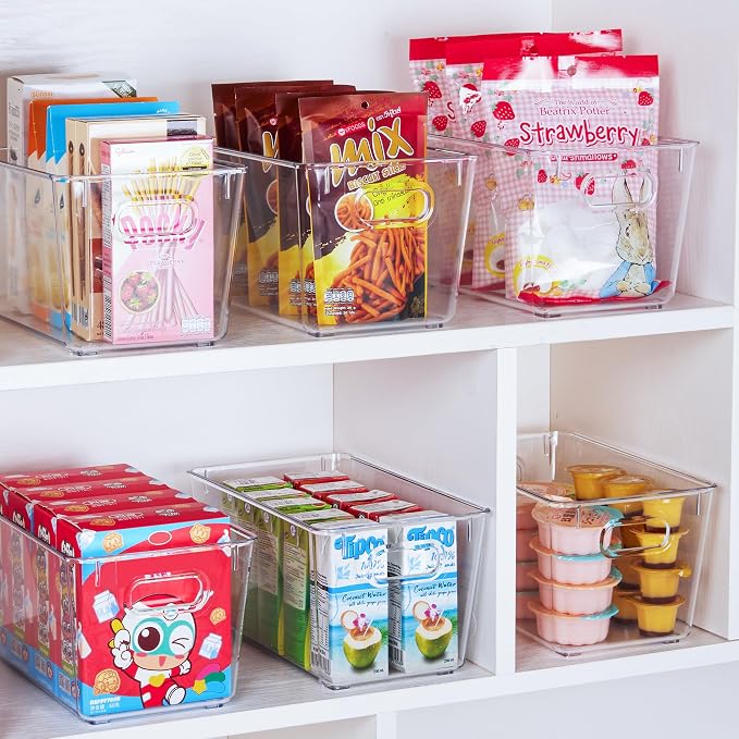 Vtopmart Clear Plastic Storage Bins, 2 PCS Pantry Organizer Bins with Handle for Refrigerator, Fridge, Cabinet, Kitchen, Countertops, Cupboard, Freezer Organization and Storage, Medium