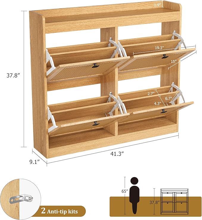 Garvee Shoe Storage Cabinet with 4 Deep Flip Drawers, Wood Shoe Cabinet with Rattan Doors and Adjustable Shelves- Freestanding Shoe Organizer for Entryway, Hallway (Oak, 4 Drawers- 2PCS)