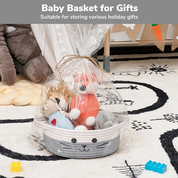 Cute Cat Toy Basket, Gift Baskets Empty for Home Decor, Baby Basket for Baby Shower, Small Cotton Rope Baskets for Pets Toys, White & Grey, 9.8 x 4 inches
