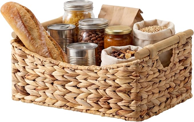 StorageWorks Large Wicker Baskets for Organizing, Water Hyacinth Storage Baskets with Handles, Woven Baskets for Pantry Storage, 15" x 11" x 6¾", 1-Pack
