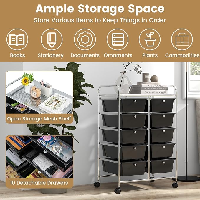 Moccha Rolling Storage Cart with 10 Drawers - Under Desk Storage Drawers with wheels for Craft Art Supply Paper Salon, Storage Drawers Organizer for Classroom Office Movable Utility Cart
