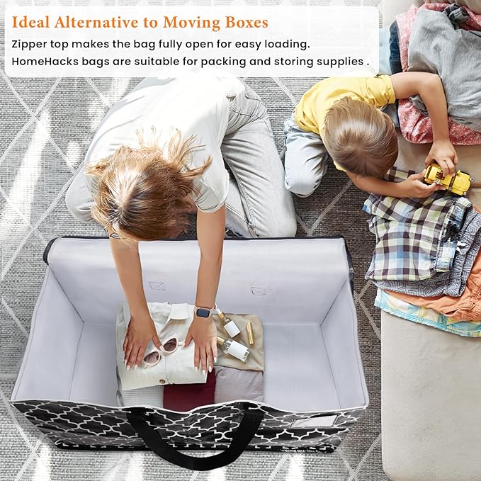 HomeHacks Heavy Duty Moving Bags with Tag Pockets, Collapsible Storage Totes for Moving, Camping & Travel -Foldable Packing Boxes, Zipper Handles, Black（10 Packs, 88L）