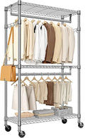 M MZG Heavy Duty Rolling Garment Rack 3 Tiers Adjustable Wire Shelving Clothes Rack with 2 Rods and Side Hooks,Storage Closet Clothing Rack with Wheels Chrome 15.7" D x 29.5" W x 74.5" H