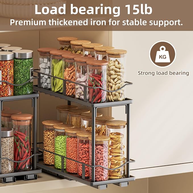 Bunoxea Pull Out Spice Rack 2 Pack,Slide Out Cabinet Spice Rack,Black | 2-Tier Rack, Full Extension Ball Bearing Glides, 10.7"Dx4.8"Wx8.85"H, Kitchen Pantry,Narrow Cabinet Spice Storage Organizer