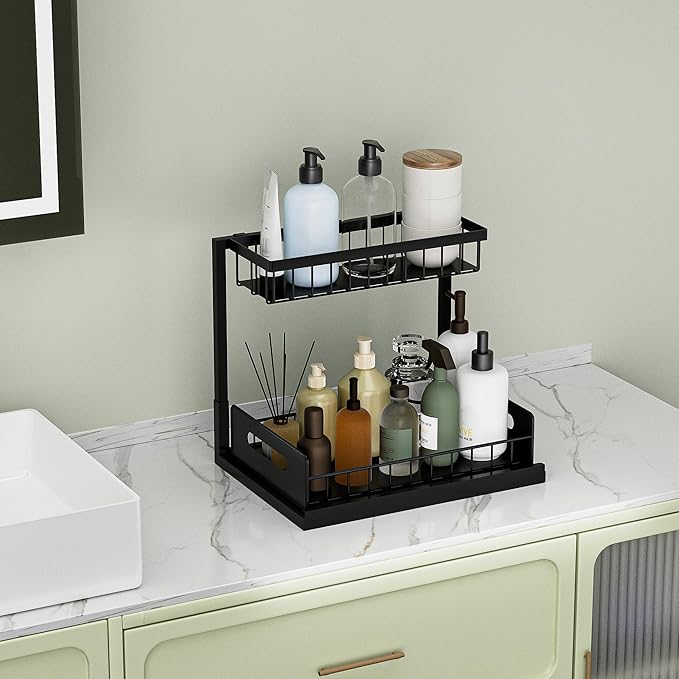 VUSIGN Under Kitchen Sink Organizer 2 Tier, Pull Out Bathroom Sink Organizers and Storage, Cabinet Kitchen Bathroom Storage Organization Shelf, 2 Pack Black