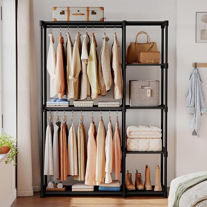 OLIXIS Heavy Duty Clothes Rack, Portable Wardrobe Closet, 49" L, Black | Freestanding Closet Organizer with Hanging Rods, Clothes Rack with Shelves, for Cloakroom, Bedroom