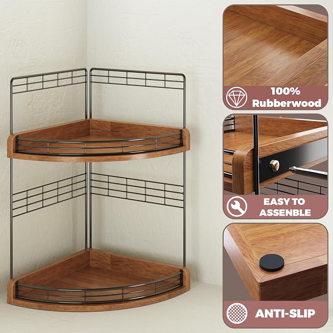Bathroom Countertop Corner Organizer for Small Spaces, 2-Tier Counter Shelf | Oak Wood & Iron, Fan-Shaped Counter Shelf for Sink & Vanity Corners, Skincare, Toiletries, Compact Vertical Storage, Walnut