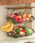 XYZLVSI 3 Tier Countertop Fruit Basket Bread Bowl with 2 Banana Hangers | Metal fruit rack with wooden handle, 16.8" H large storage stand for potato/onion/vegetables/snacks/produce storage, black