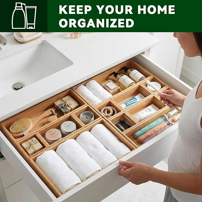 Bamboo Drawer Organizer 7 Pcs for Kitchen Multi-purpose Storage Dividers for Kitchen, Office, Jewelry, Cosmetics, Wooden Drawer Dividers for Drawer Organizer Desk Organizer Gift for Women Gifts Idea