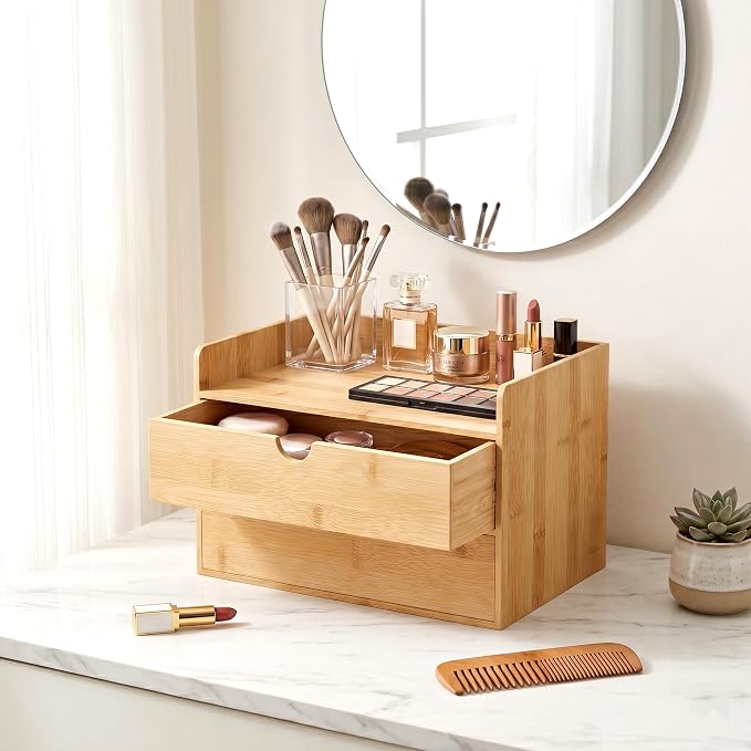 Bamboo Desk Organizer with Drawers, Desktop Storage for Office Supplies | 2 Drawers Desktop organizer, No Assembly Required, Natural Wood Wooden Desktop Drawers Box for Bills, Cosmetics, Seals, Paper