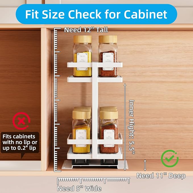 Pull Out Spice Rack 2-Tier Metal & Wood Seasoning Organizer White | No-Drill Install | Full-Extension Silent Glide | Each Tier Holds 10–12 Standard Spice Bottles | Rustproof, Wipe-Clean Surface