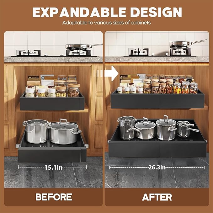 Seinloes 4 Pack Expandable (15.1"-26.3") Pull Out Cabinet Organizer 21" Deep With Raising Pad for Framed Cabinets,Upgrade 3 Slide Rails Slide Out Drawers,No Drill Roll Out Shelves Adhesive,Black