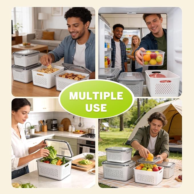 HOMETALL 8 Pack Fruit Storage Containers for Fridge, Produce Containers for Fridge with Colander, Leakproof Fridge Organizers and Storage for Berry Vegetable Salad Lettuce Meat Food