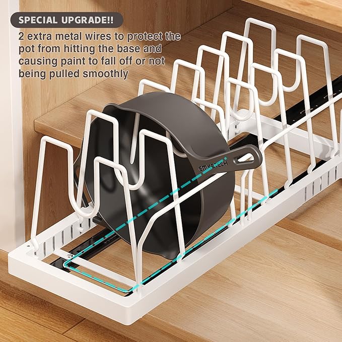 Magheo 2 Pack Pots and Pans Organizer Under Cabinet, 22" Deep Expandable Pull Out Pot Lid Organizer and Storage with 10 Adjustable Dividers No Drill Pot and Pan Holder Rack with Handle Bracket(White)