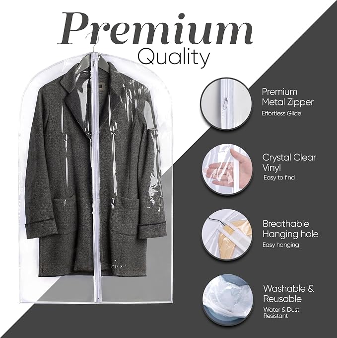 Handy Laundry Clear Vinyl Garment Bag - Protect Your Clothing While Traveling & Dust Free While Hanging in Your Closet. Ideal for Coats, Suits, Dresses or Gowns - Set of 2 (24 X 42 Inches)