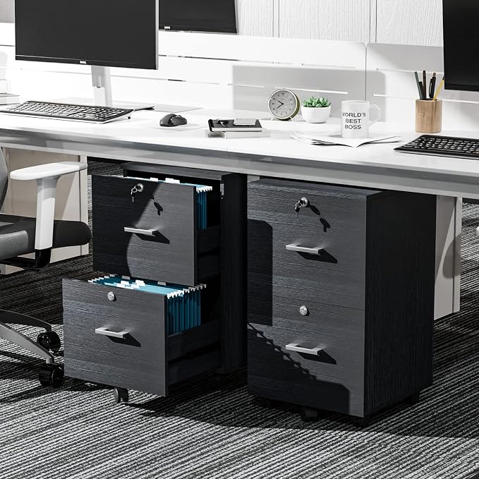 VINGLI 2-Drawer File Cabinet with Lock, Small Rolling Wood Filing Cabinet for Hanging Letter Size Filings with Tabs, Mobile Under Desk File Organizer for Home Office, Classic Black, 27.2" H