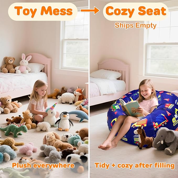 Lukeight Excavator Stuffed Animals Storage Bean Bag Chair Cover Only (Ships Empty, No Filling) - Velvet YKK Zipper Beanbag Cover for Toddlers Kids, Washable Plush Toy Organizer, Large 27" D x 16" H