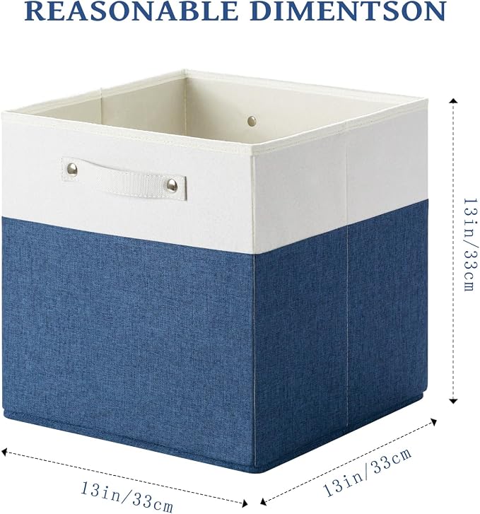 FinishingBo 13 x 13 Inch Fine Linen Storage Bins with Handles，Fabric Cube Boxs，Basket Organizers for Shelves for Home, Closet Drawers (White/Blue-6 Pack)