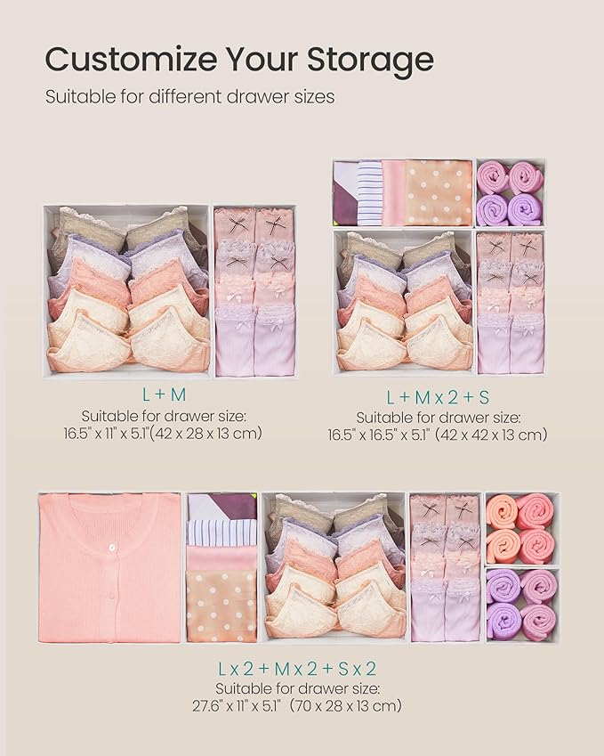 SONGMICS Drawer Organizers, Dresser Divider Organizers, Set of 18, Foldable Fabric Storage Boxes for Socks, Underwear, Bras, Ties, Scarves, Cloud White URDZ006W03
