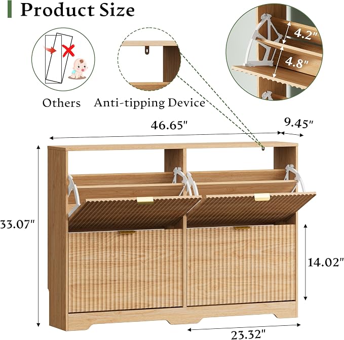Xixini Shoe Storage Cabinet for Entryway with 4 Flip Drawers, Hidden Slim Wood Shoe Organizer with Modern Fluted Panel, Freestanding Narrow Shoe Rack for Front Door Entrance, Hallway, Foyer, Oak