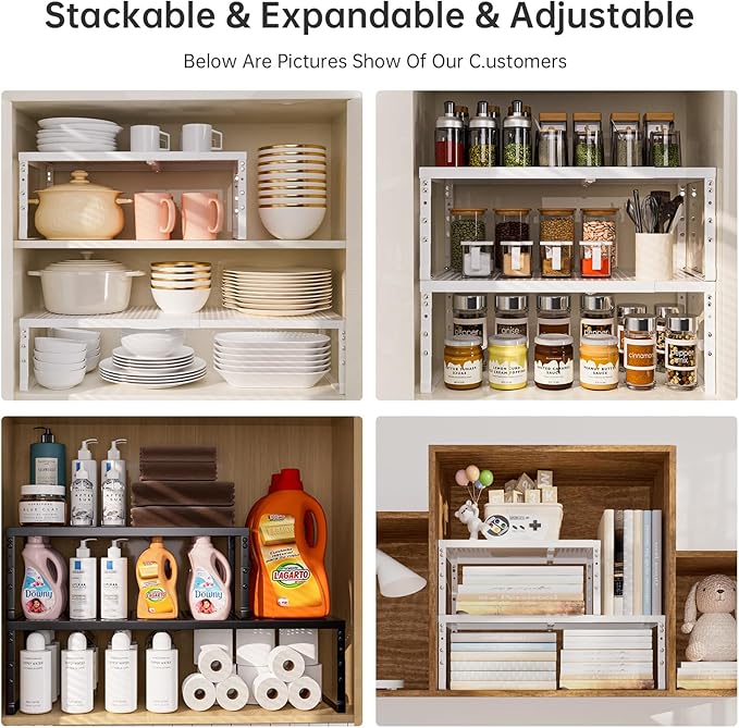 Cabinet Shelf,Expandable Adjustable Stackable Kitchen Organizer,for cabinets, Kitchens, countertops, bathrooms Shelf Organizer(1Pack/White,Large)