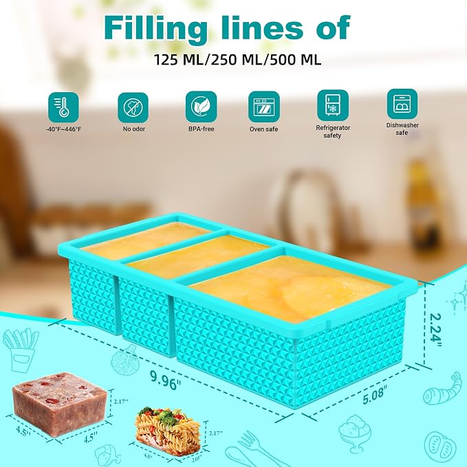 3 Pack - Silicone Freezer Trays with Lid, 1-Cup & 2 Cup Freezer Molds, Silicone Food Storage Containers for Meal Prep, Freezing Soup Sauce, Broth Leftovers