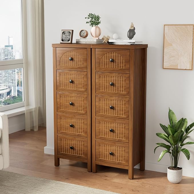 Lxsxlome 5 Drawer Dresser for Bedroom,Modern 44.68'' Tall Wood Chest of Drawers, Storage Organizer with Fluted Panel & Anti-Tip Kit for Closet, Hallway, Living Room,Nursery (Walnut, 5 Drawers)