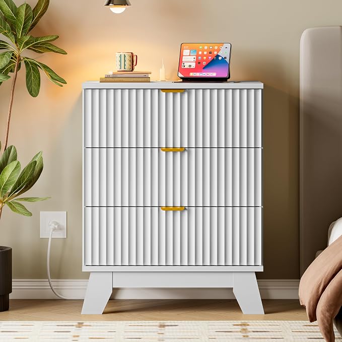 BORNOON 30.5" Nightstand with Charging Station, 3-Drawer Fluted Bedroom Chest, Wood Bedside Dresser with Power Outlets and USB Ports, Metal Slides, Stable Base, Modern Storage Cabinet for Small Spaces