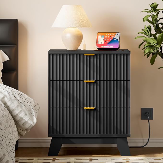 BORNOON 30.5" Nightstand with Charging Station, 3-Drawer Fluted Bedroom Chest, Wood Bedside Dresser with Power Outlets and USB Ports, Metal Slides, Stable Base, Modern Storage Cabinet for Small Spaces