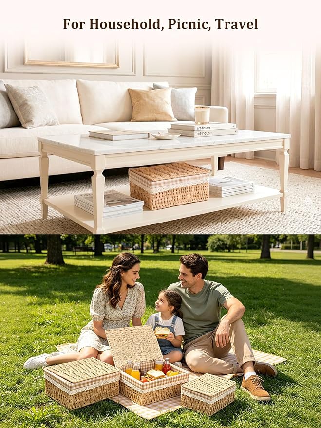 Set of 3 Wicker Storage Baskets with Lid and Liner Woven Storage Bins | Rectangular Woven Storage Bins for Shelves, Multipurpose Container Organizing Boxes for Home Wardrobe Bathroom Bedroom Decor