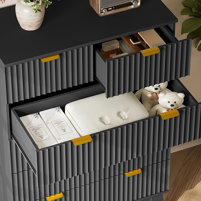 BORNOON 46" Tall Dresser for Bedroom, 6-Drawer Fluted Chest of Drawers, Modern Wood Highboy with Deep Storage, Metal Slides and Handles, Anti-Tip Kit, Vertical Clothes Organizer for Apartment, Nursery