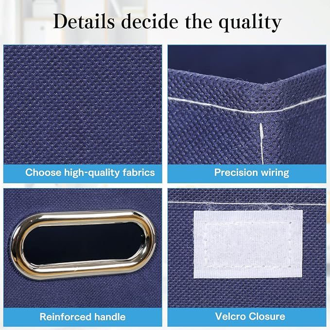 STOREONE Fabric Storage Cube Bins Foldable Organizer Container Collapsible Basket with Lids and Metal Handles, for Home, Bedroom, Closet 3 Pcs (Navy Blue)