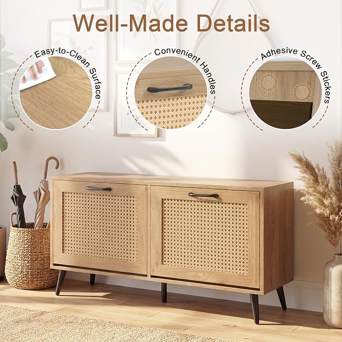 GOFLAME Rattan Shoe Storage Cabinet with 2 Flip Drawers, Hidden Shoe Storage Organizer with Adjustable Shelves and Metal Legs, Freestanding Boho Narrow Shoe Rack for Entryway and Living Room