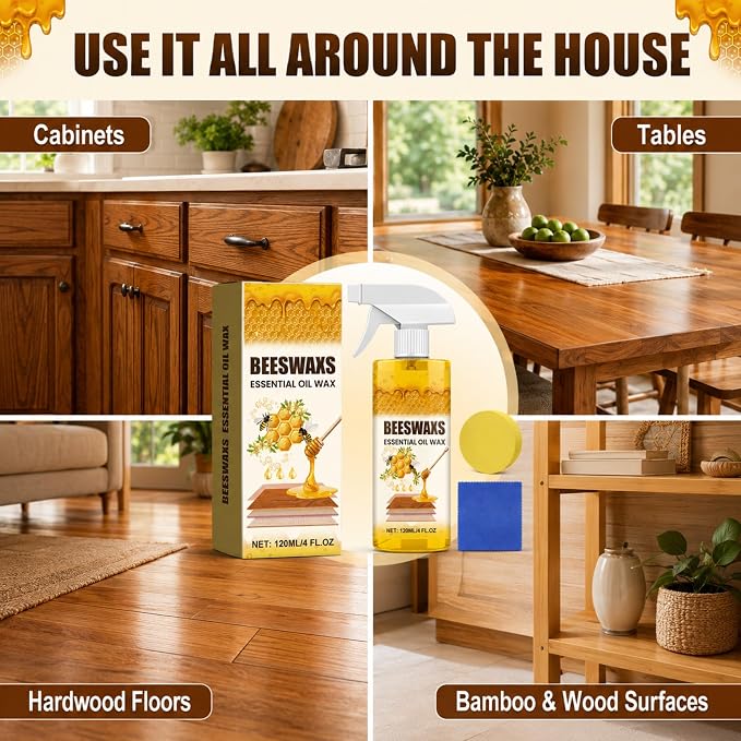 Beeswax Wood Polish Spray, Beeswax Essential Oil Wax, Deep Restore Furniture Cleaner for Cabinets, Hardwood Floors, Tables & All Wood Surfaces, Non-Greasy Formula (1)