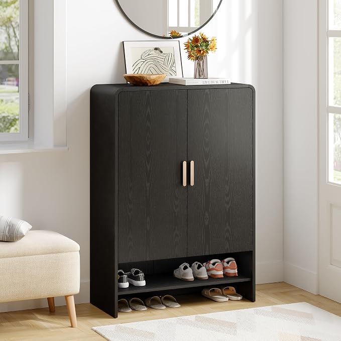 ONBRILL 6-Tier Shoe Storage Cabinet, 45'' Large Farmhouse Shoe Cabinet for Entryway, Modern Wooden Shoe Organizer Cabinets with Doors and Shelves, for Front Door Hallway (Black)