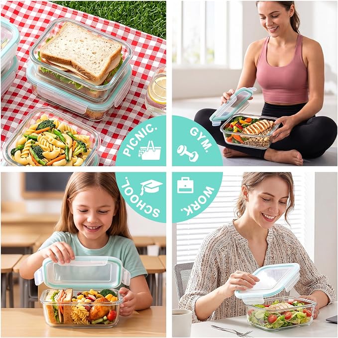 8 Pack Glass Meal Prep Containers with Lids, Glass Food Storage Containers with Snap Locking Lids, Airtight Lunch Containers for Microwave, Oven, Freezer and Dishwasher BPA Free (Green)