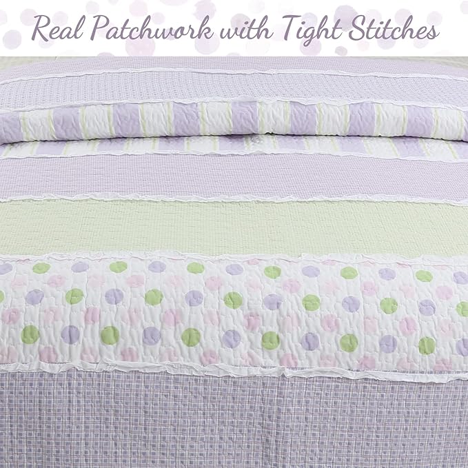 Cozy Line Lavender Green Stripe & Purple Dots Quilt Set – 2-Piece 100% Cotton Reversible All-Season Bedspread with Shams, Girls Kids Bedroom Décor, Twin